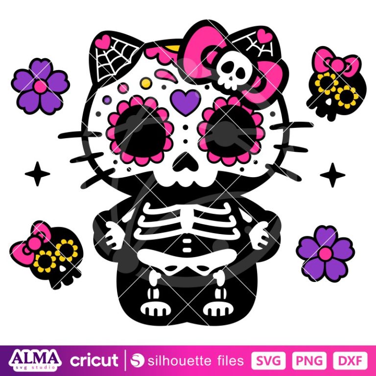 Day Of The Dead Hello Kitty Svg, Skeleton Kitty Svg, Kitty Dia De Los ...