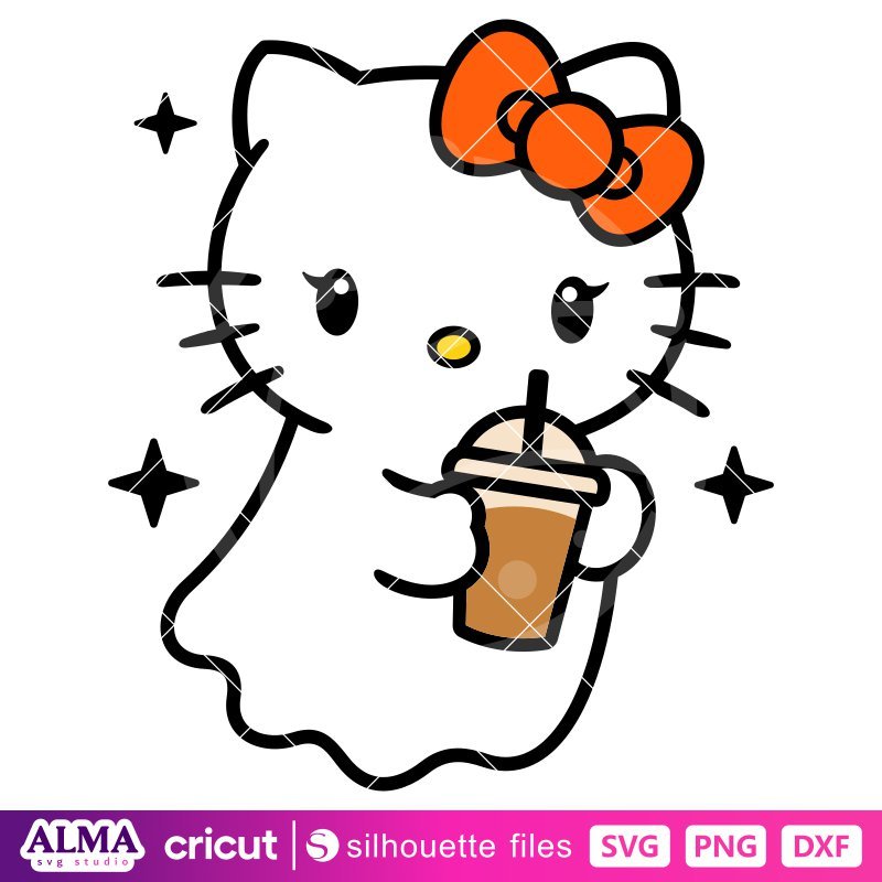 Hello Kitty Ghost Coffee Svg, Sanrio Svg, Halloween Svg, Kawaii Svg, PNG, SVG Cut File