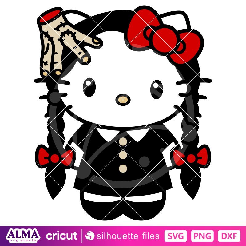 Hello Kitty Wednesday Addams Svg, Sanrio Svg, Halloween Svg, Kawaii Svg, PNG, SVG Cut File
